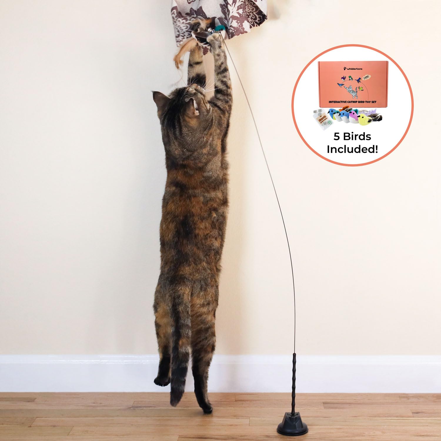 Whiskertons Interactive Bird Toy Set—feathers and bells stimulate hunting instincts