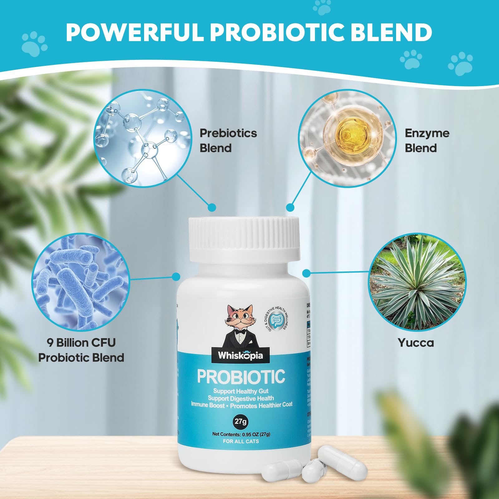 Whiskopia cat probiotic scoop dispense image shows convenient daily administration.
