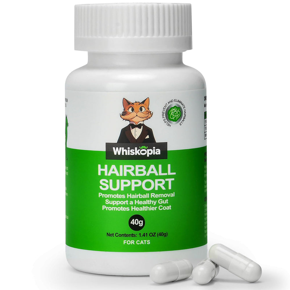 Whiskopia Hairball Relief bottle front showing convenient capsules for daily cat care