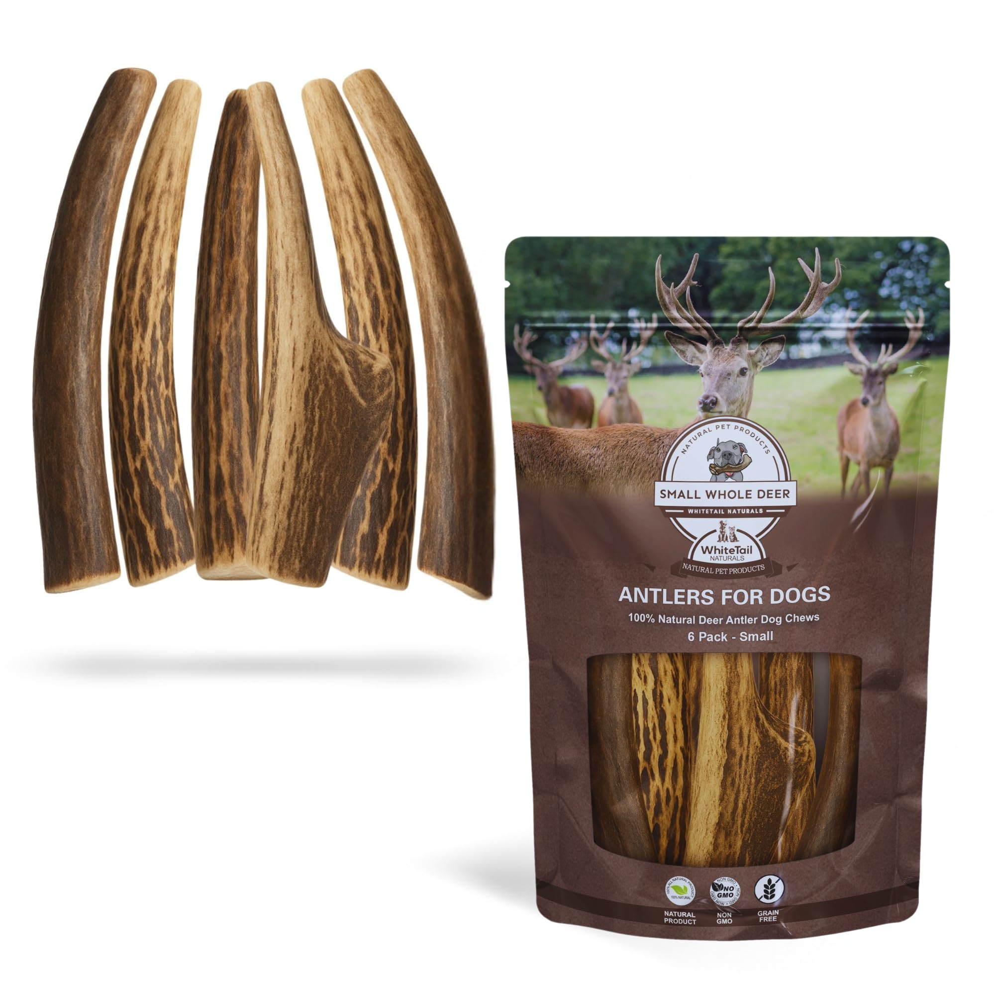 WhiteTail Naturals antlers for dogs 6-pack packaging showing natural chew option for small breeds