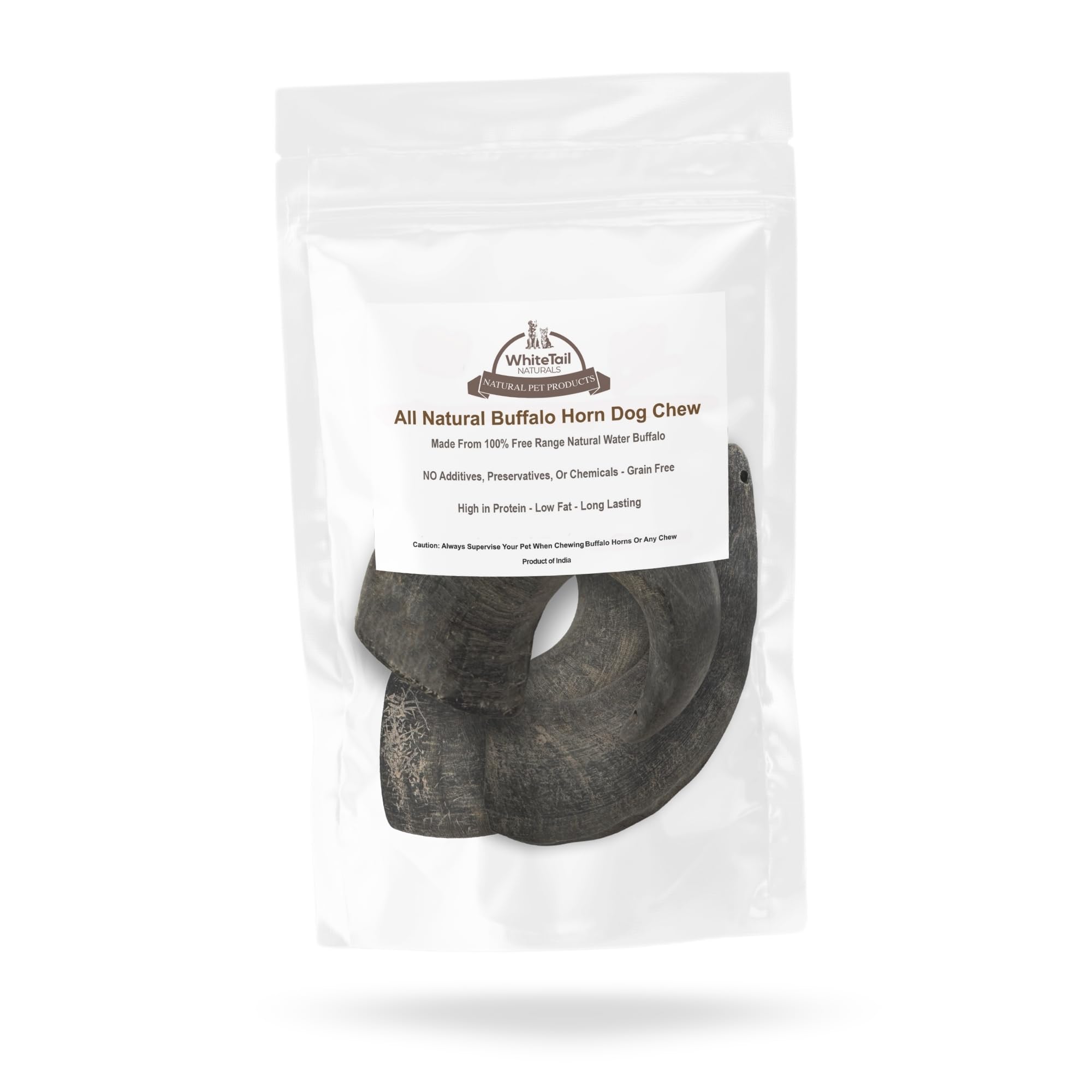 Whitetail Naturals water buffalo horns medium 3-pack ingredients-free product shot—grain-free, additive-free