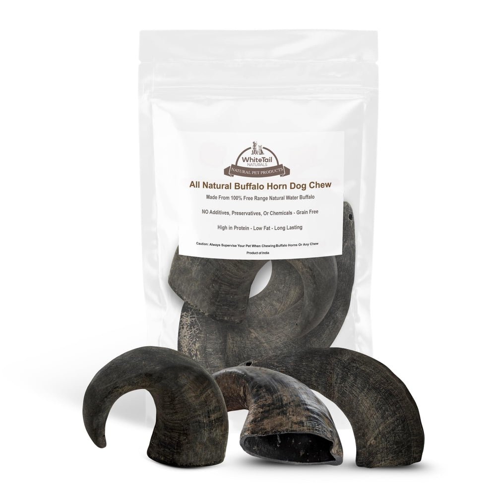 Whitetail Naturals water buffalo horns medium 3-pack packaging shows natural chew for dogs and boredom relief