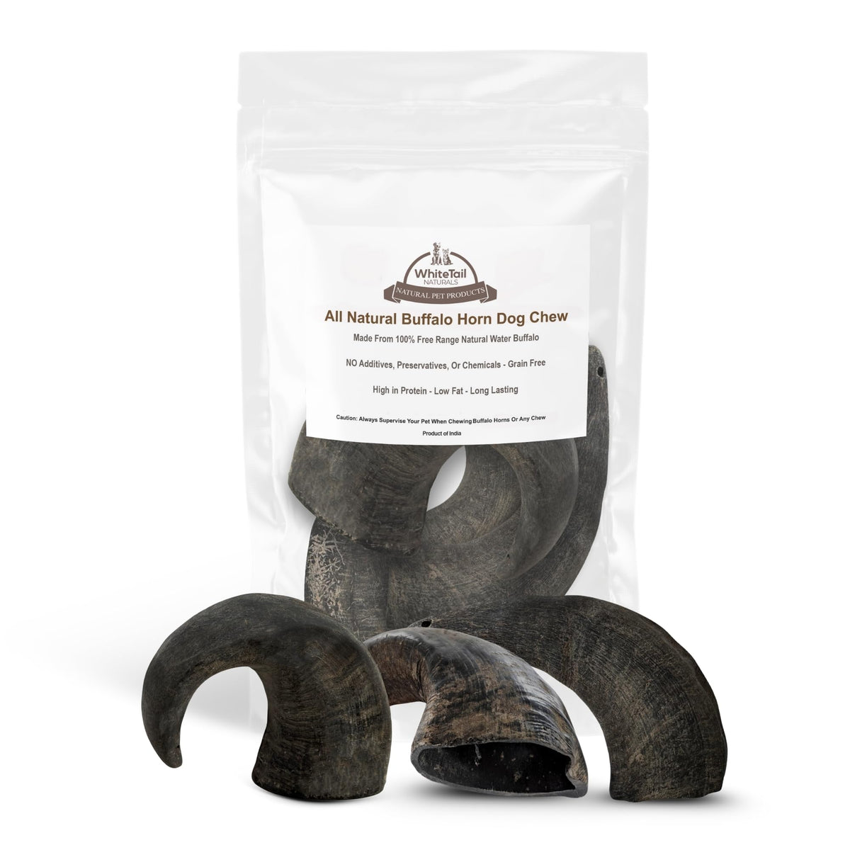 Whitetail Naturals water buffalo horns medium 3-pack packaging shows natural chew for dogs and boredom relief