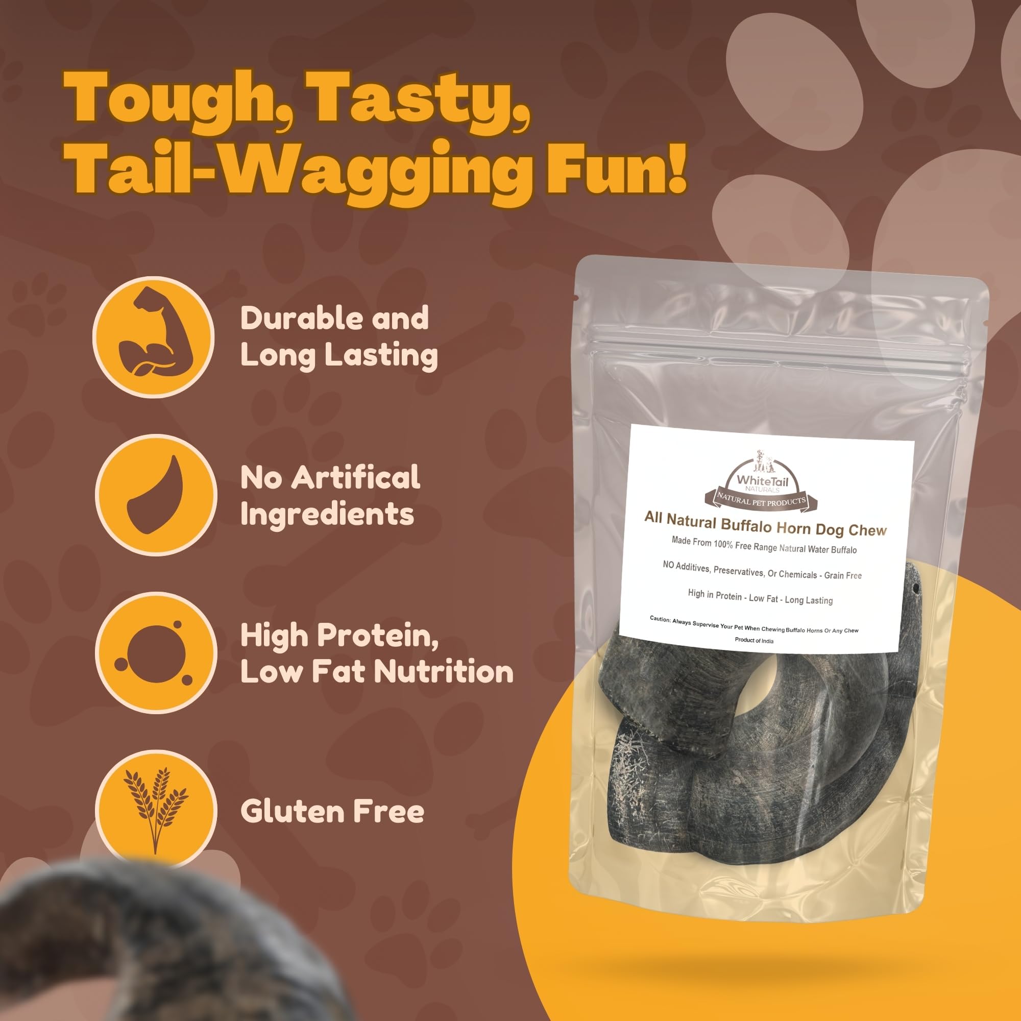 Whitetail Naturals water buffalo horns medium 3-pack teeth benefits closeup—supports healthy gums