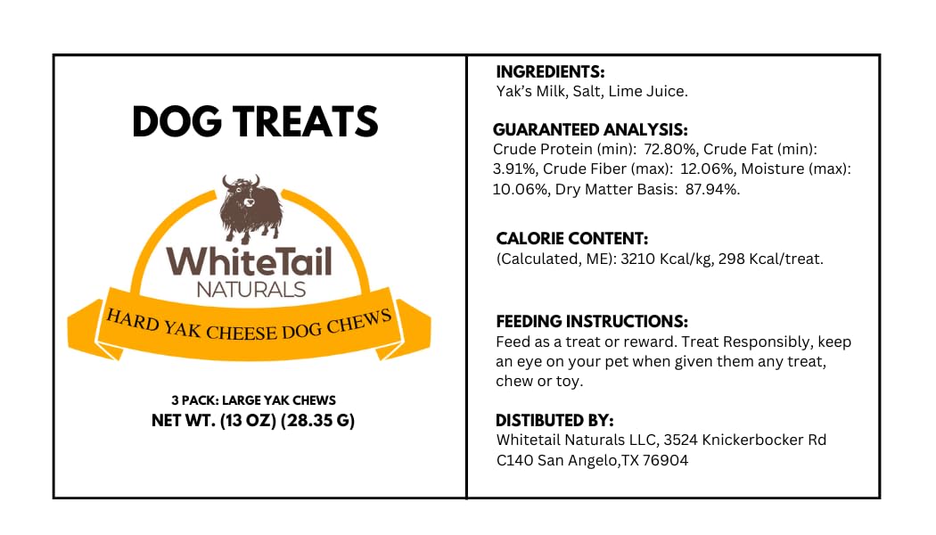 WhiteTail Naturals Yak Cheese Dog Chews; Himalayas-made production signals hygienic, pure chews.