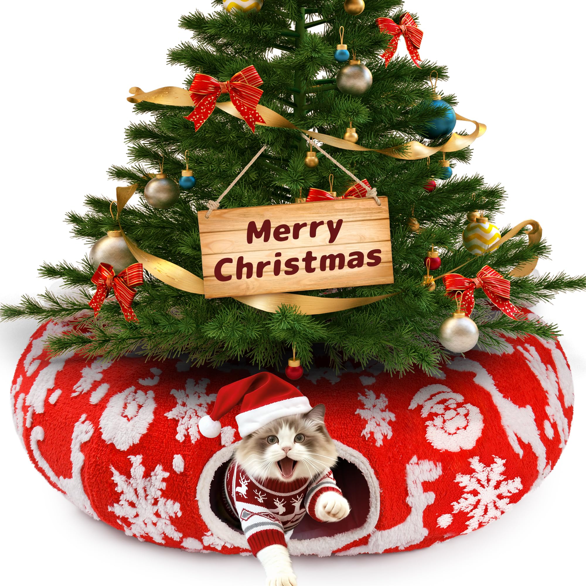 Whmayai cat tunnel circle setup around a Christmas tree creates safe play area.
