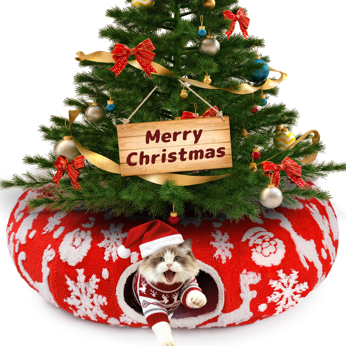 Whmayai cat tunnel circle setup around a Christmas tree creates safe play area.