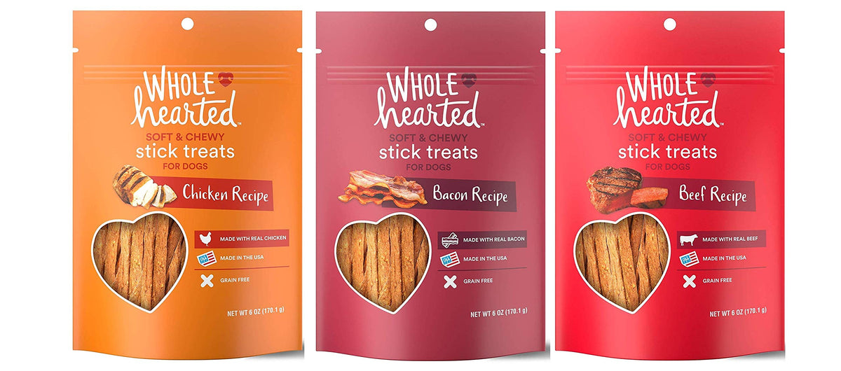 WholeHearted grain-free soft-and-chewy dog sticks ready for training rewards and bonding moments.