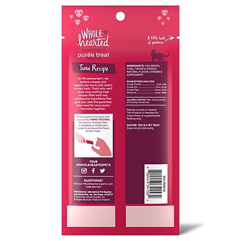 WholeHearted Tuna Purée Tubes squeezed for easy, mess-free cat feeding.