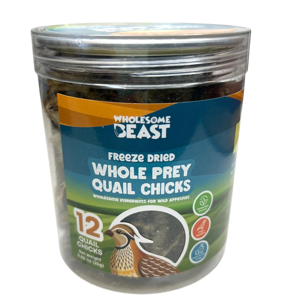 Wholesome Beast freeze-dried quail chick package shows a single-ingredient, high-protein treat.