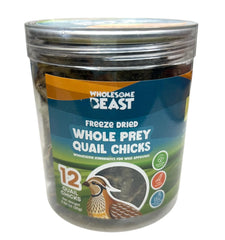 Wholesome Beast freeze-dried quail chick package shows a single-ingredient, high-protein treat.
