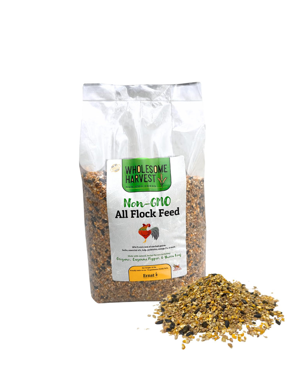 Wholesome Harvest All Flock Feed bag showing whole grains for natural poultry nutrition