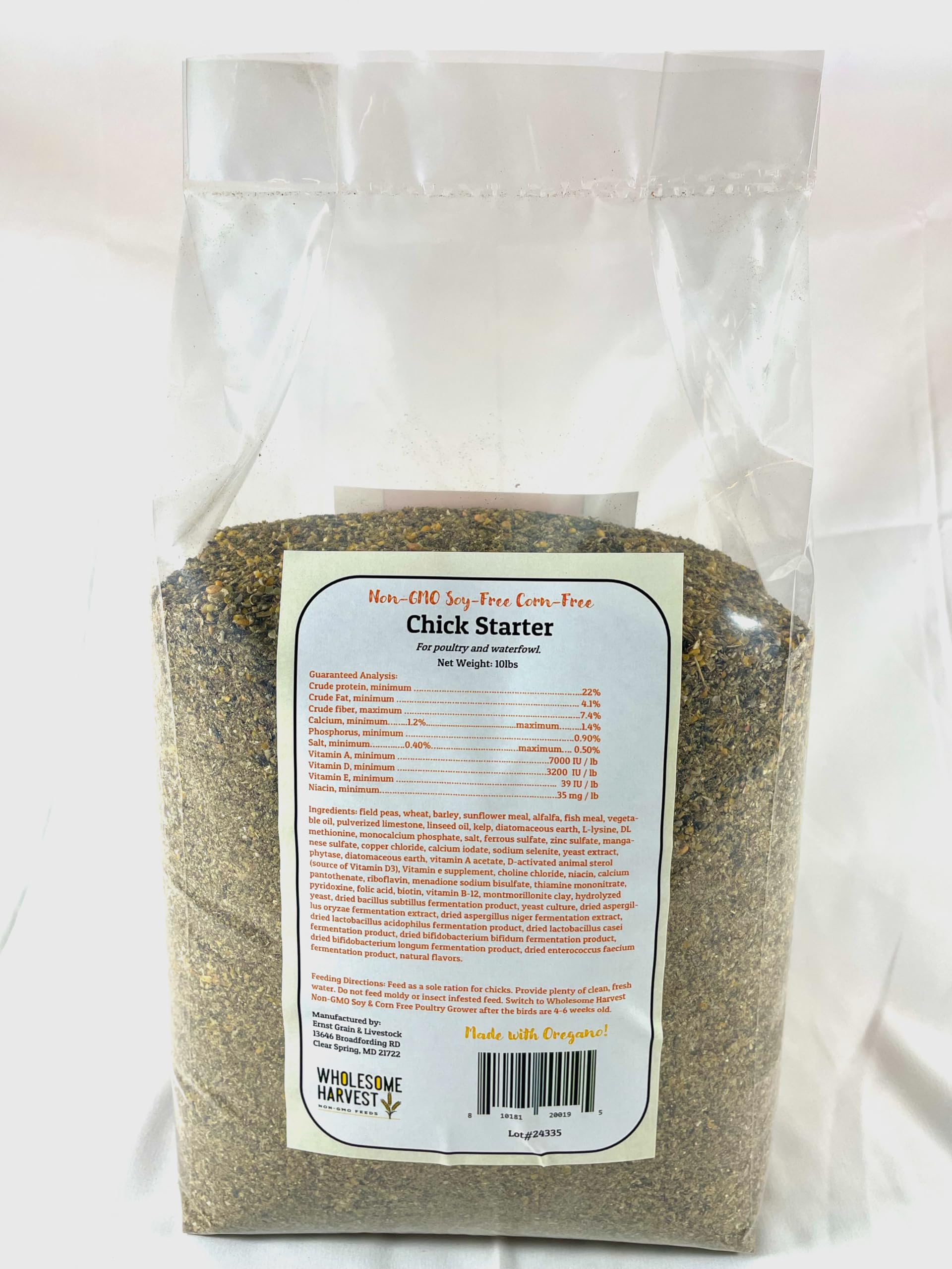Wholesome Harvest chick starter feed ingredient list highlights non-GMO grains