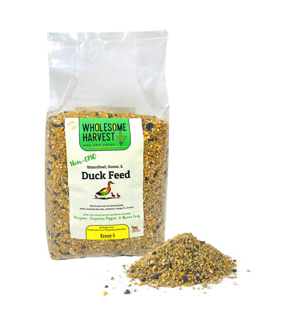 Wholesome Harvest duck food 10lb bag showing premium grain nutrition for healthy growth.
