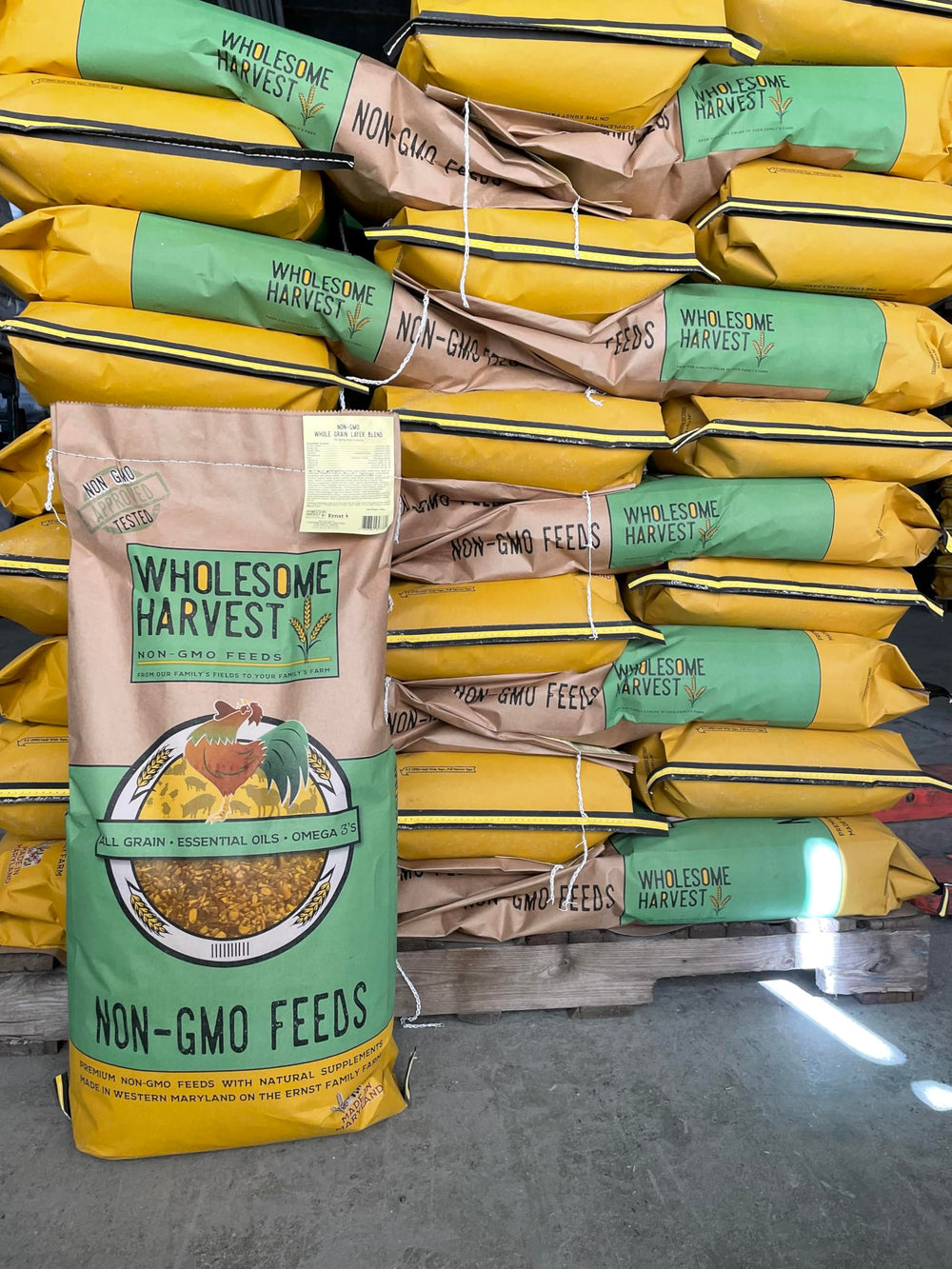 Wholesome Harvest layer feed being poured from a scoop into a feeder