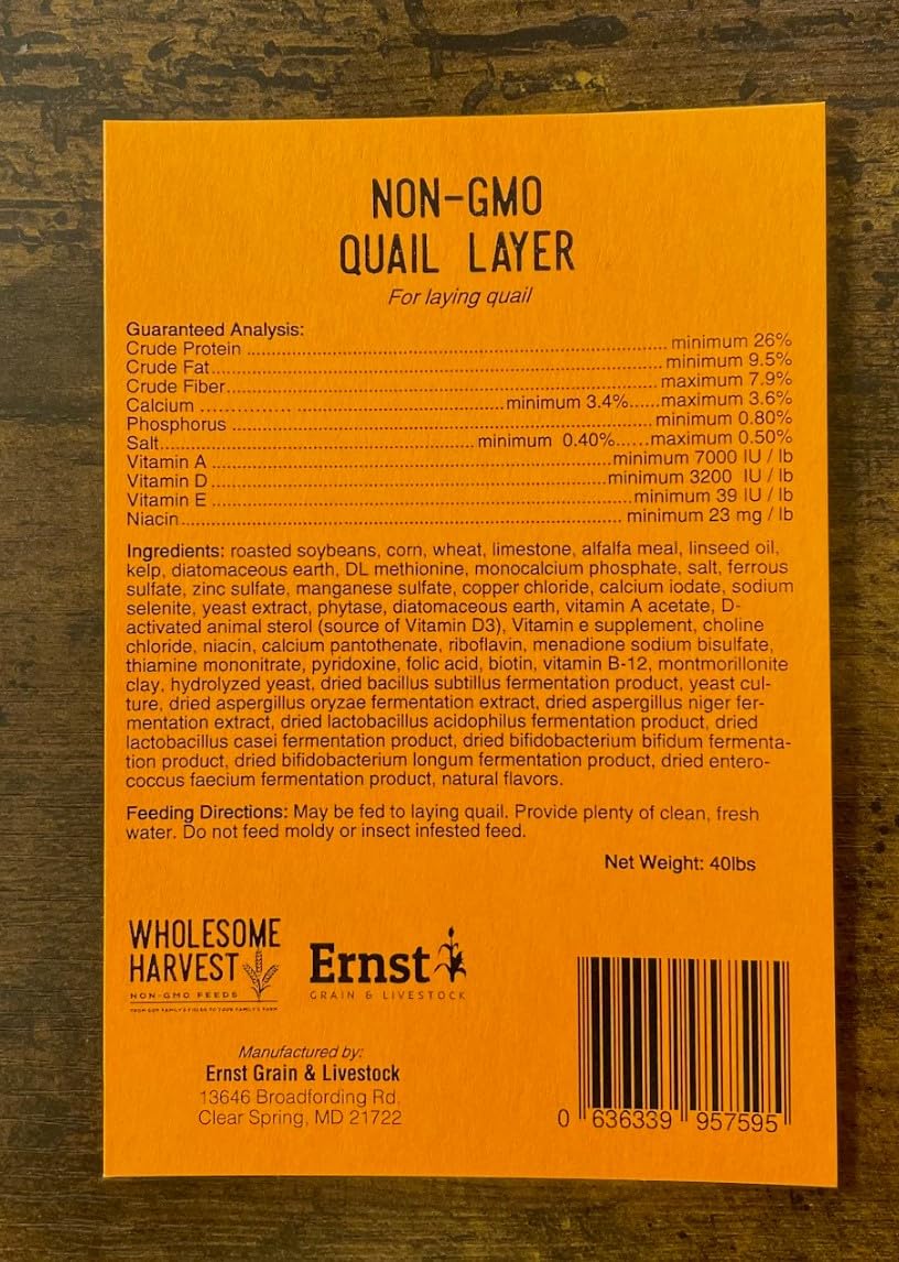 Wholesome Harvest quail layer feed with diatomaceous earth indicates natural digestion support.