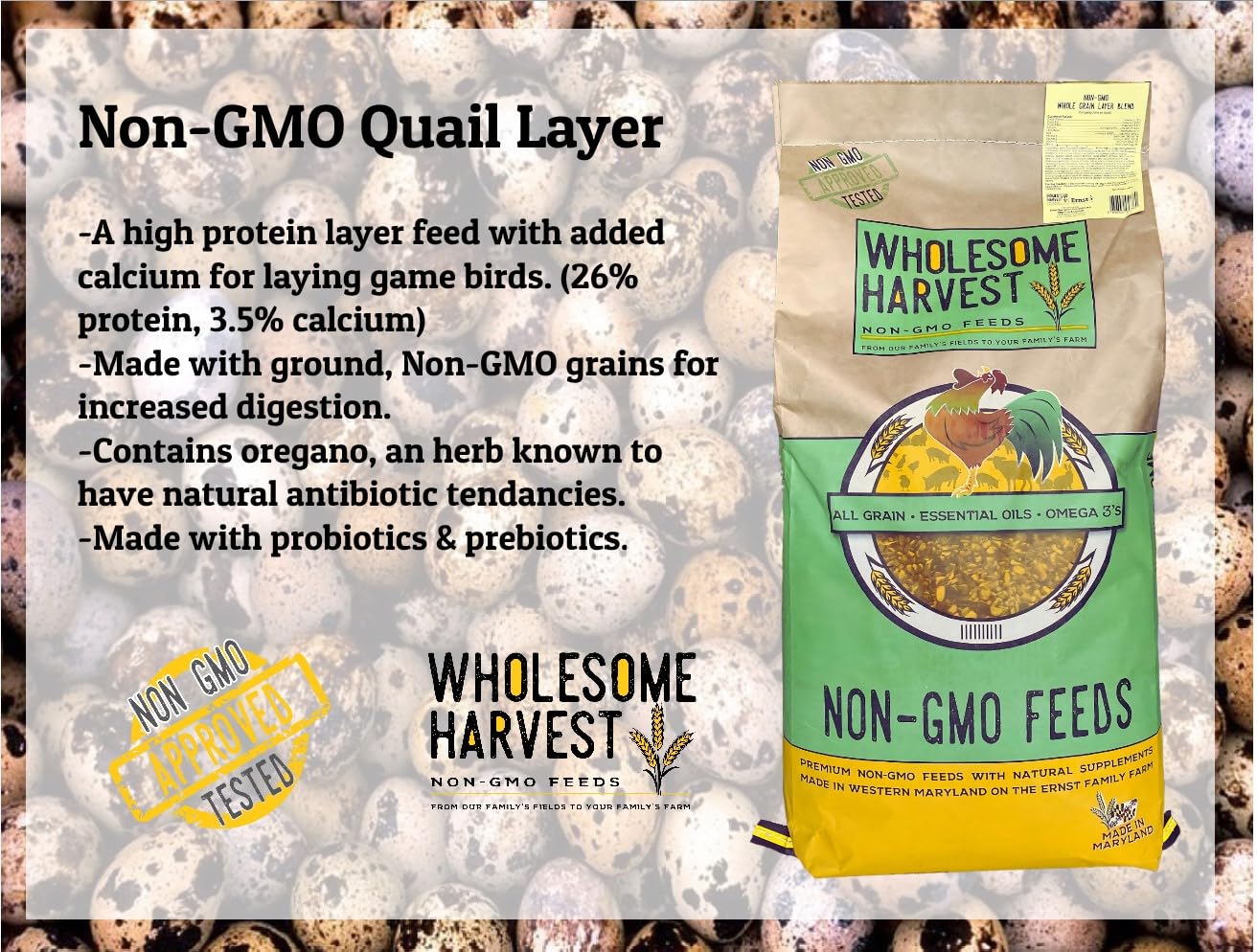 Wholesome Harvest quail layer feed with omega-3s and kelp signals essential nutrients for egg quality.