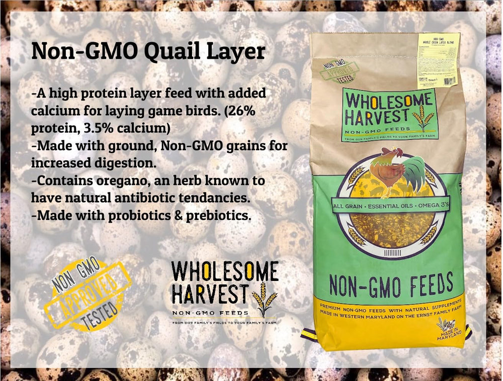 Wholesome Harvest quail layer feed with omega-3s and kelp signals essential nutrients for egg quality.