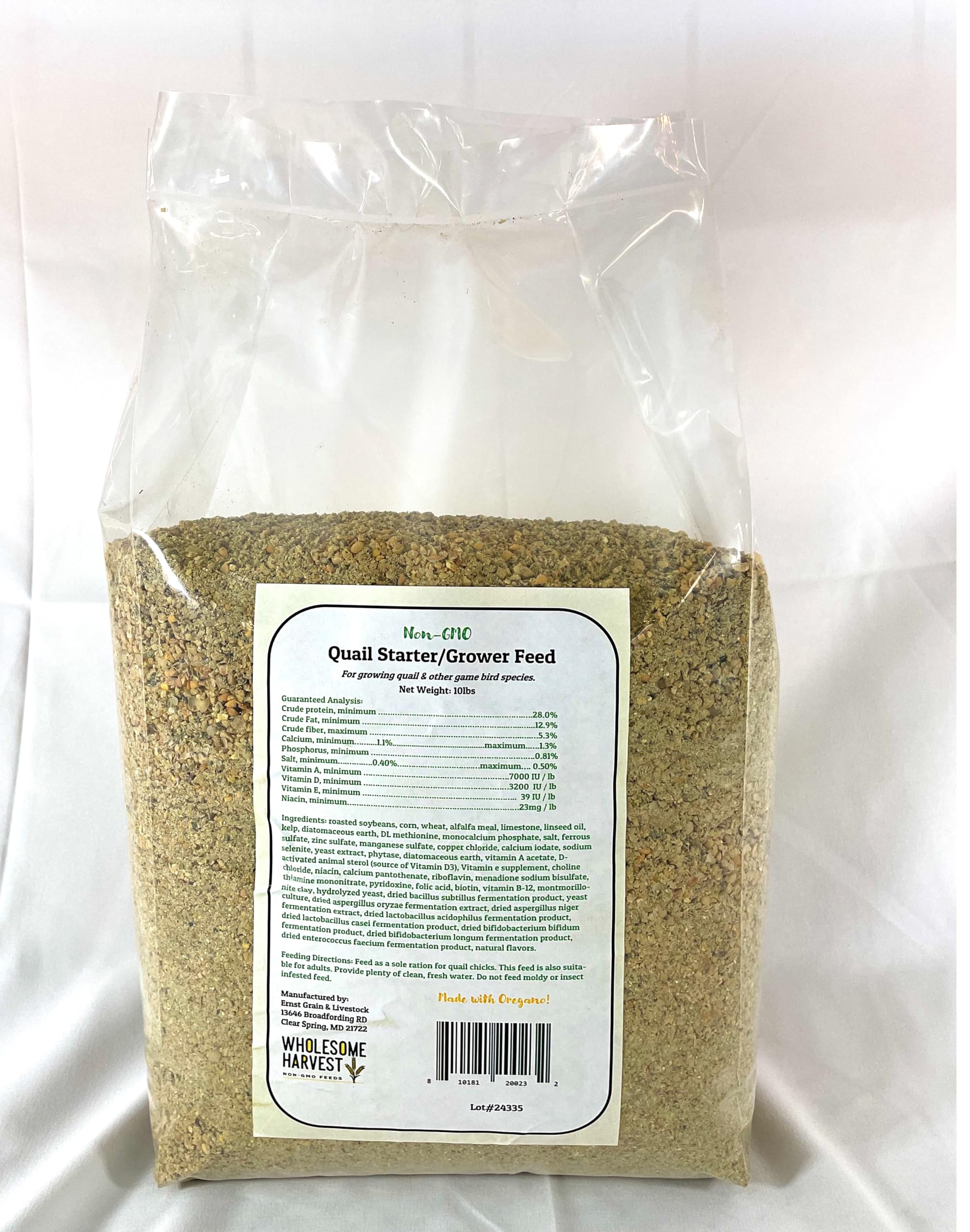 Wholesome Harvest quail starter feed label close-up shows non-GMO status.