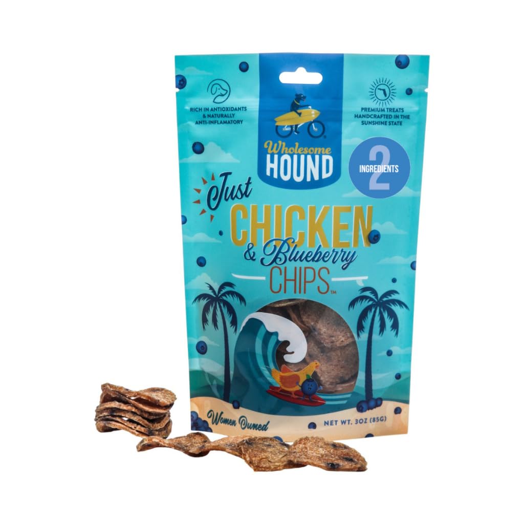 Wholesome Hound chicken & blueberry chips bag showing 2-ingredient recipe.