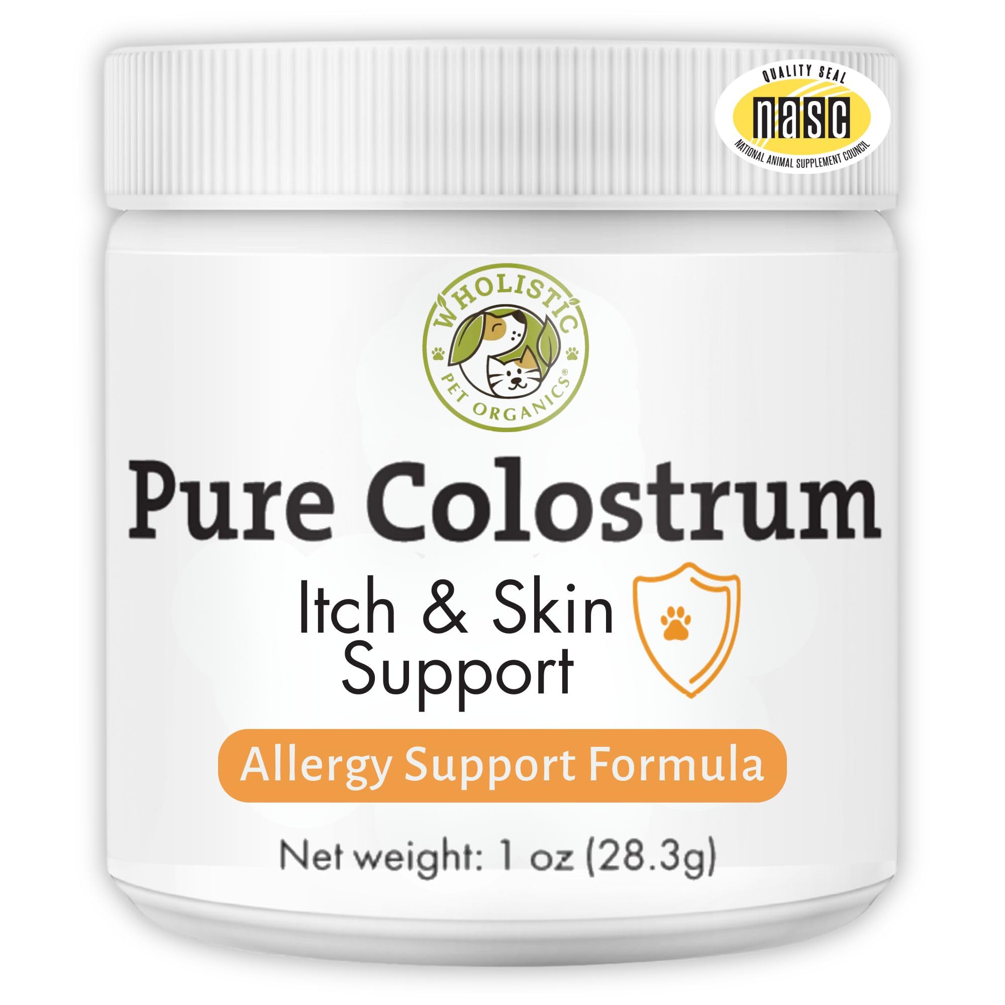 Wholistic Pet Organics bovine colostrum powder tub supports immune health and itching relief for dogs.