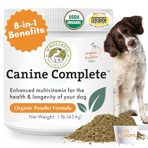 Wholistic Pet Organics Canine Complete bottle front for all-breed daily health support.