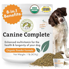Wholistic Pet Organics Canine Complete bottle front for all-breed daily health support.