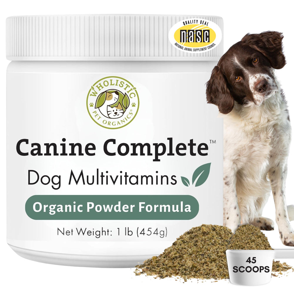 Wholistic Pet Organics Canine Complete bottle shows a daily all-breed supplement