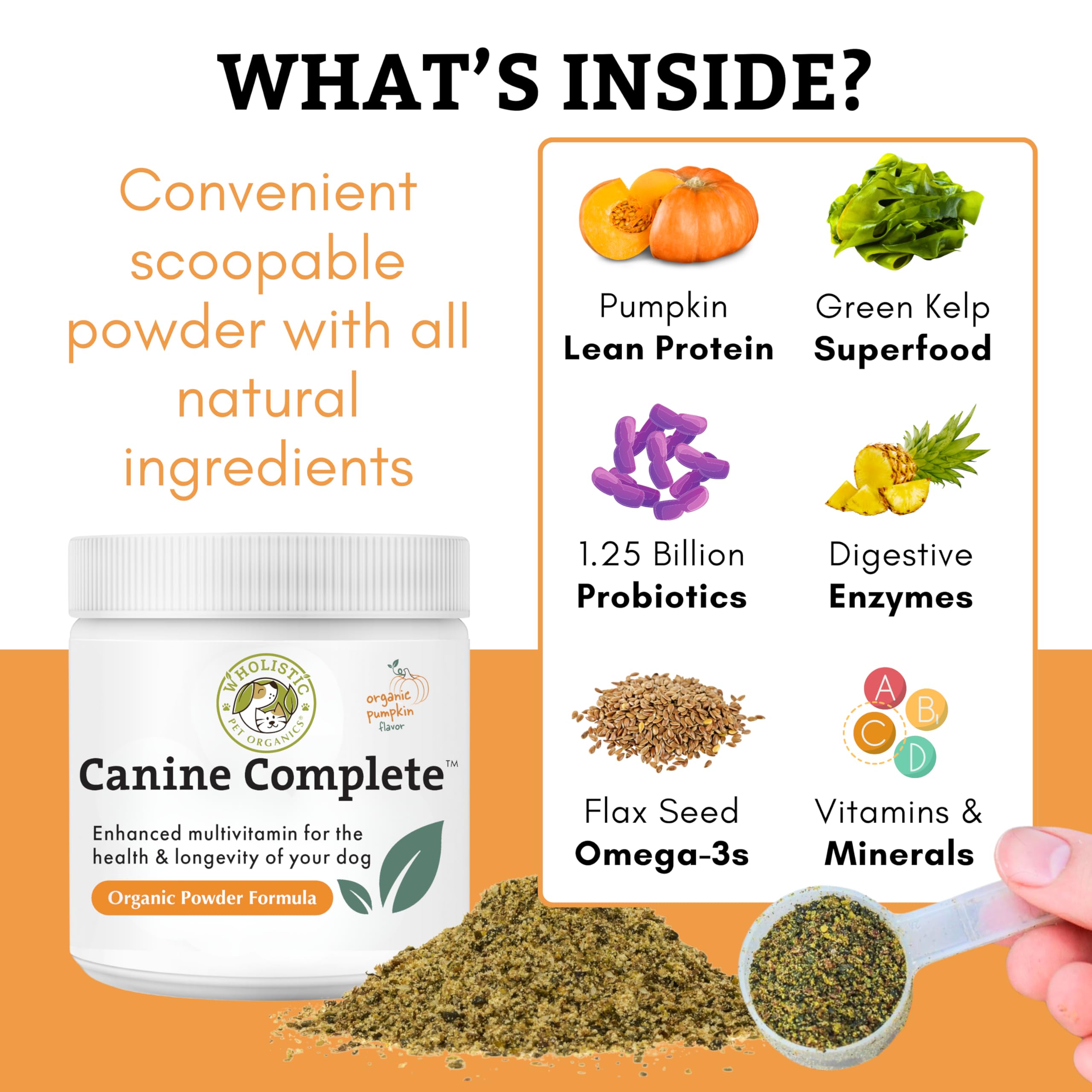 Wholistic Pet Organics Canine Complete scoop on dish illustrating homemade diet.
