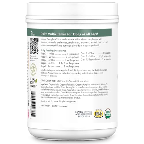 Wholistic Pet Organics Canine Complete powder being poured onto dog food for easy mixing.