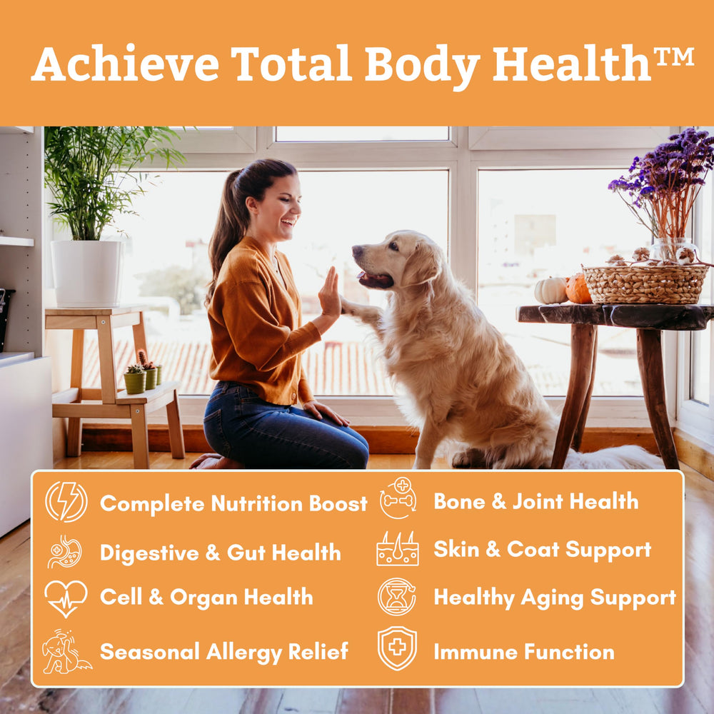 Wholistic Pet Organics Canine Complete close-up of skin and coat benefits.