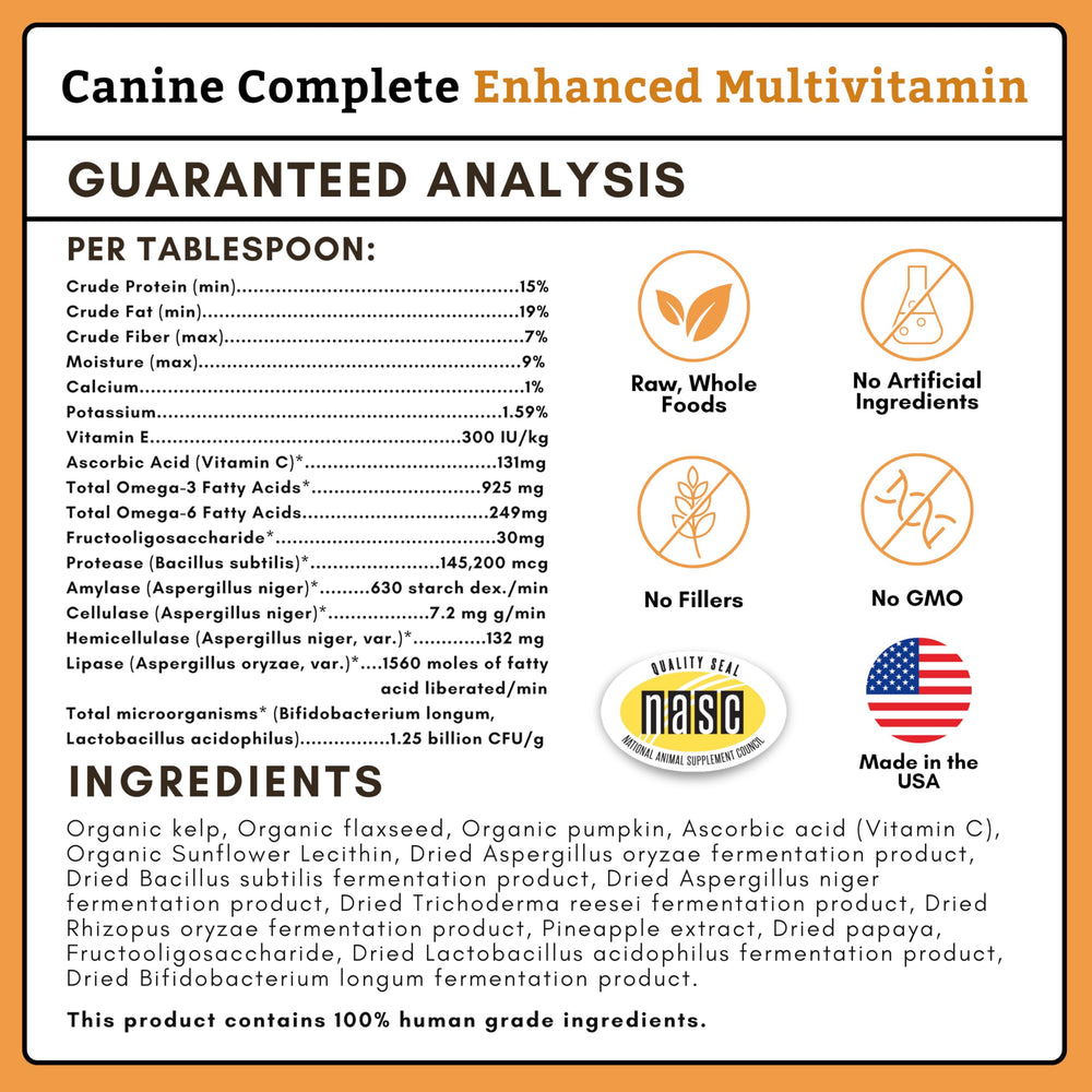 Wholistic Pet Organics Canine Complete USA-made badge signaling trusted manufacturing.