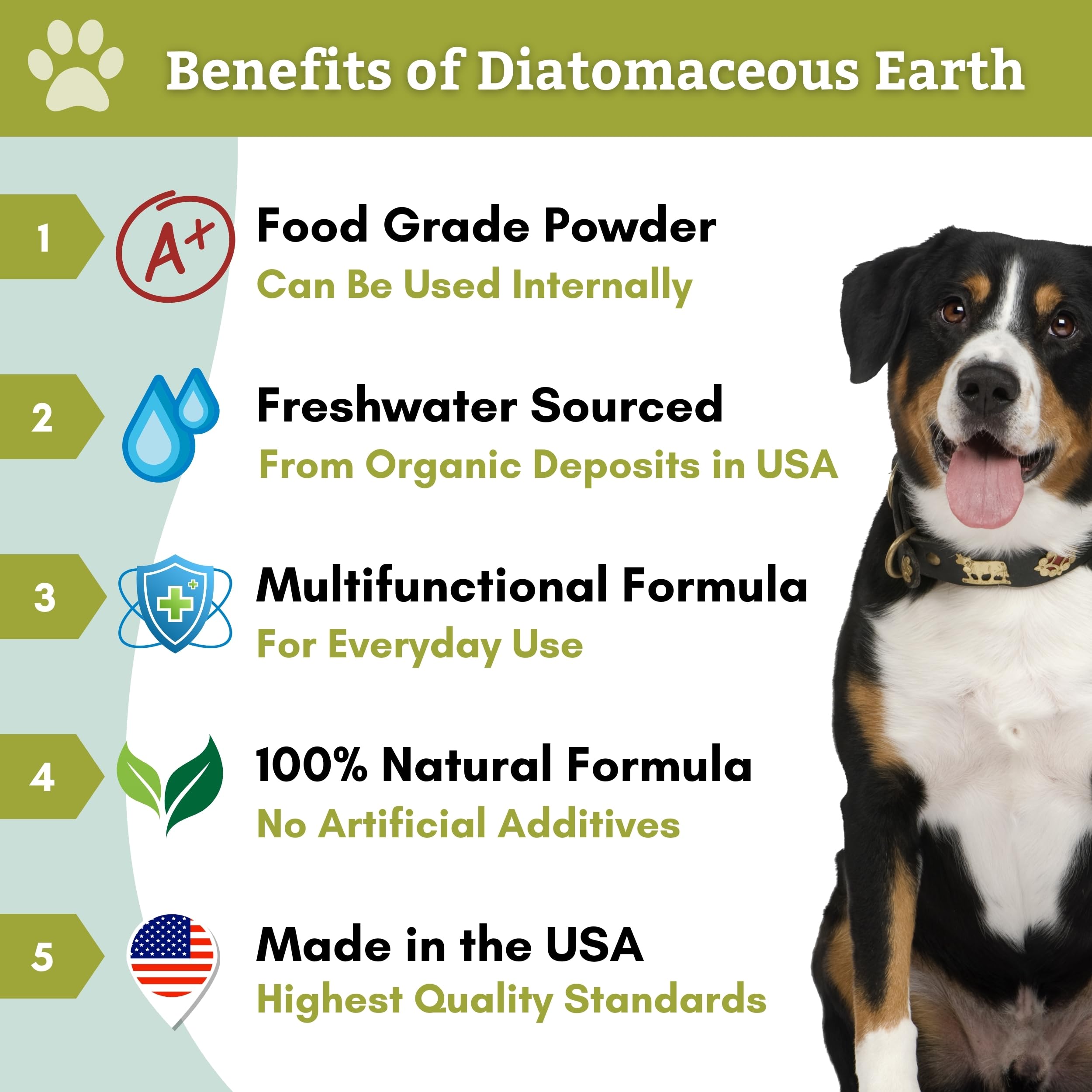 Wholistic Pet Organics DE powder used topically on pet fur or skin.