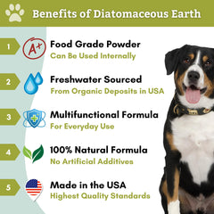Wholistic Pet Organics DE powder used topically on pet fur or skin.