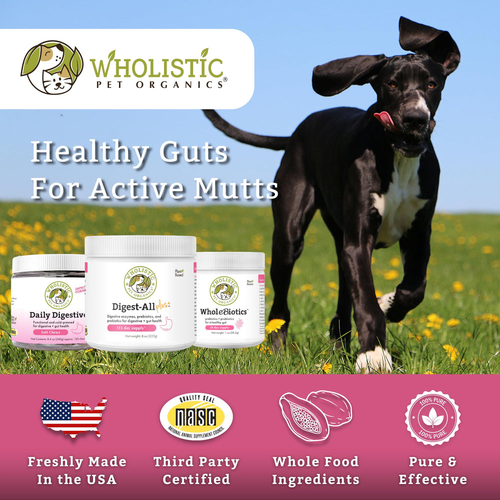 Wholistic Pet Organics dog probiotic sprinkle on food for better digestion.