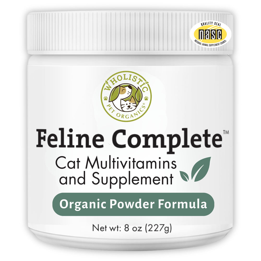 Wholistic Pet Organics Feline Complete bottle-front supports digestive balance with probiotic powder for cats.
