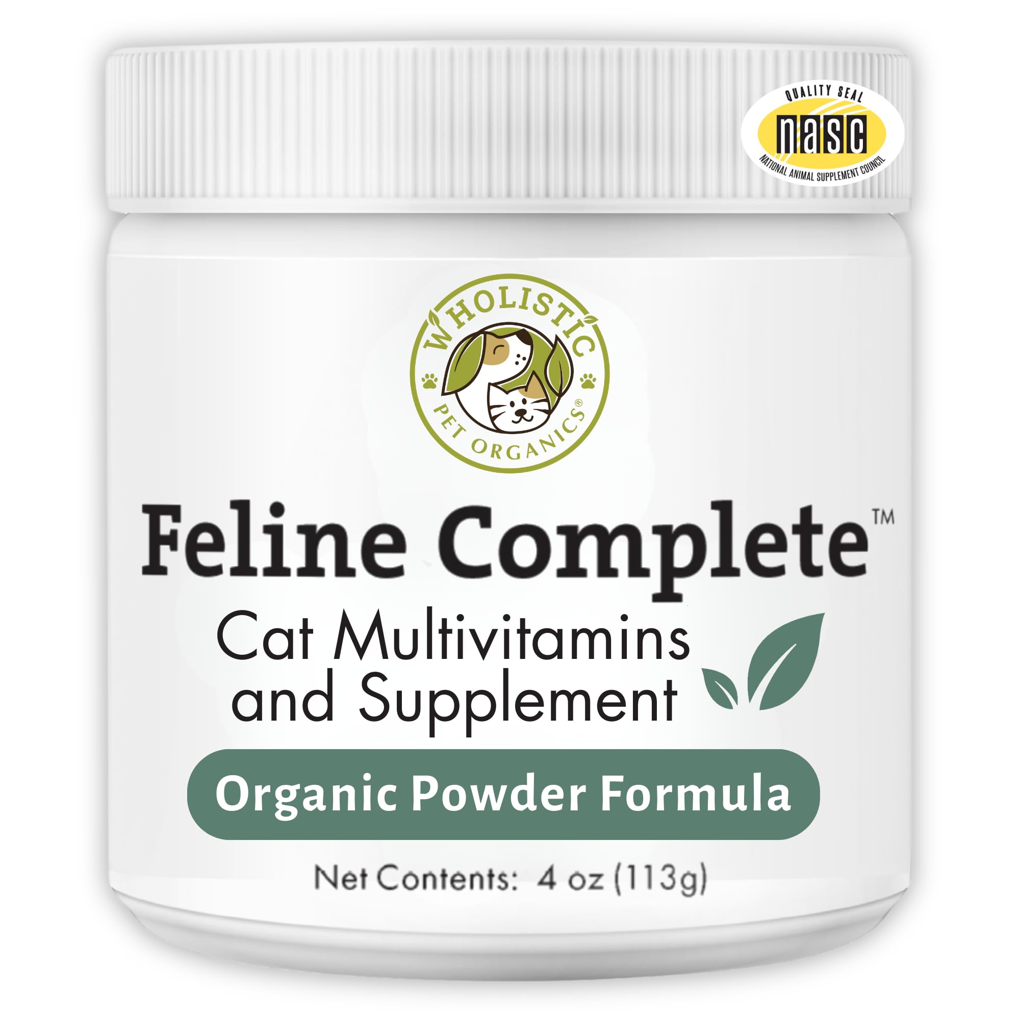 Wholistic Pet Organics Feline Complete bottle front, daily multivitamin for cats.