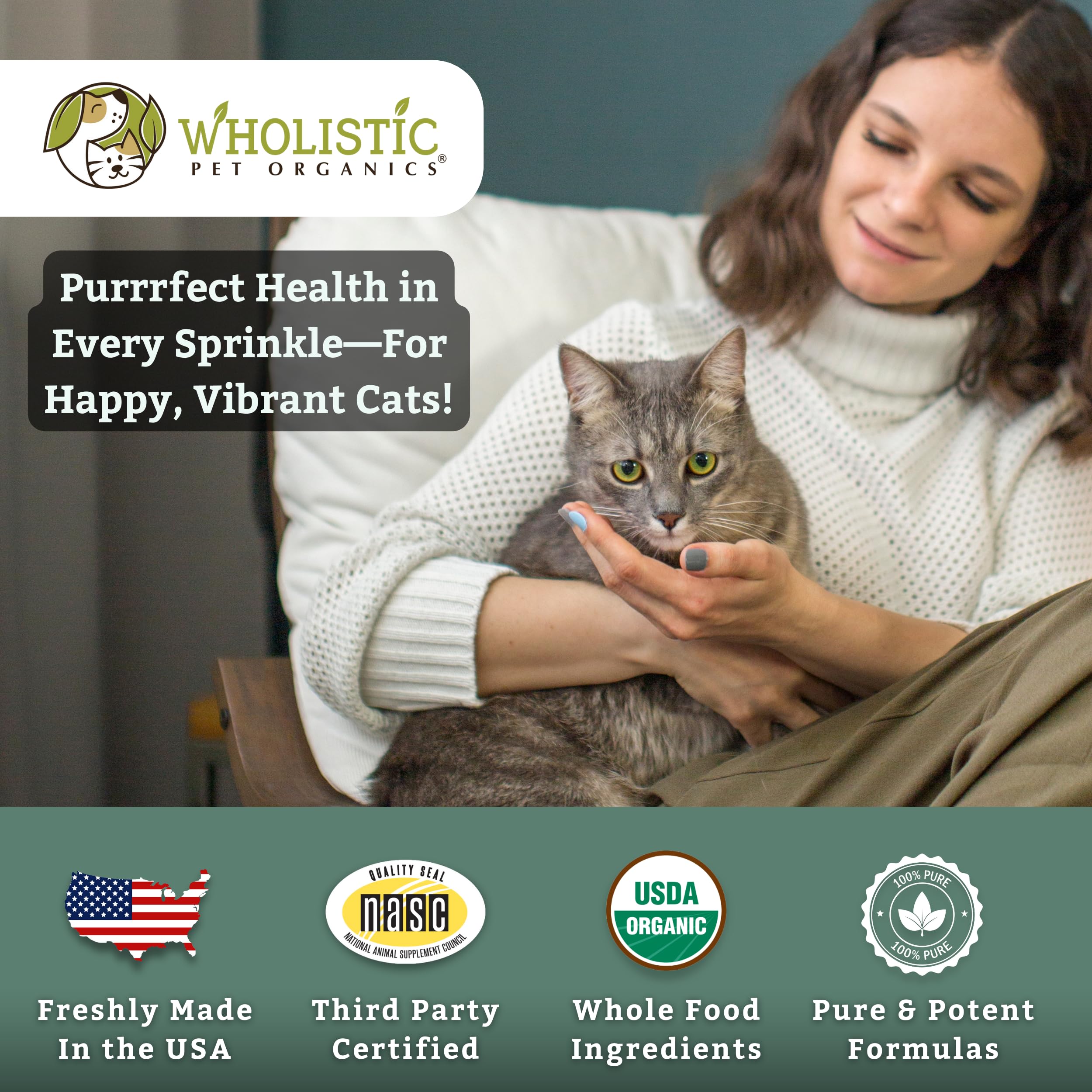 Wholistic Pet Organics Feline Complete brand-packaging-shot emphasizes natural ingredients.
