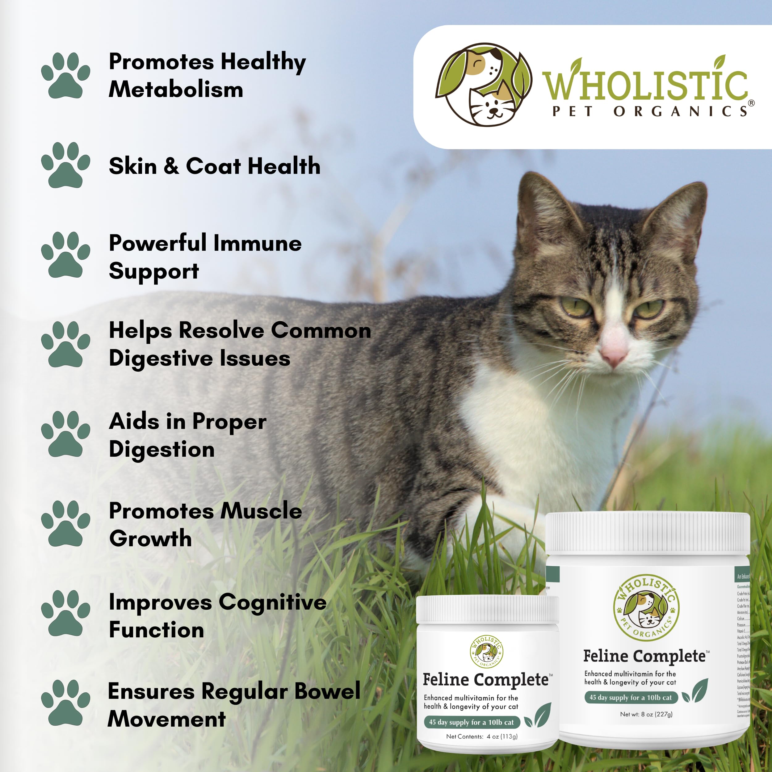 Wholistic Pet Organics Feline Complete digestive-health visual, promotes gut balance.