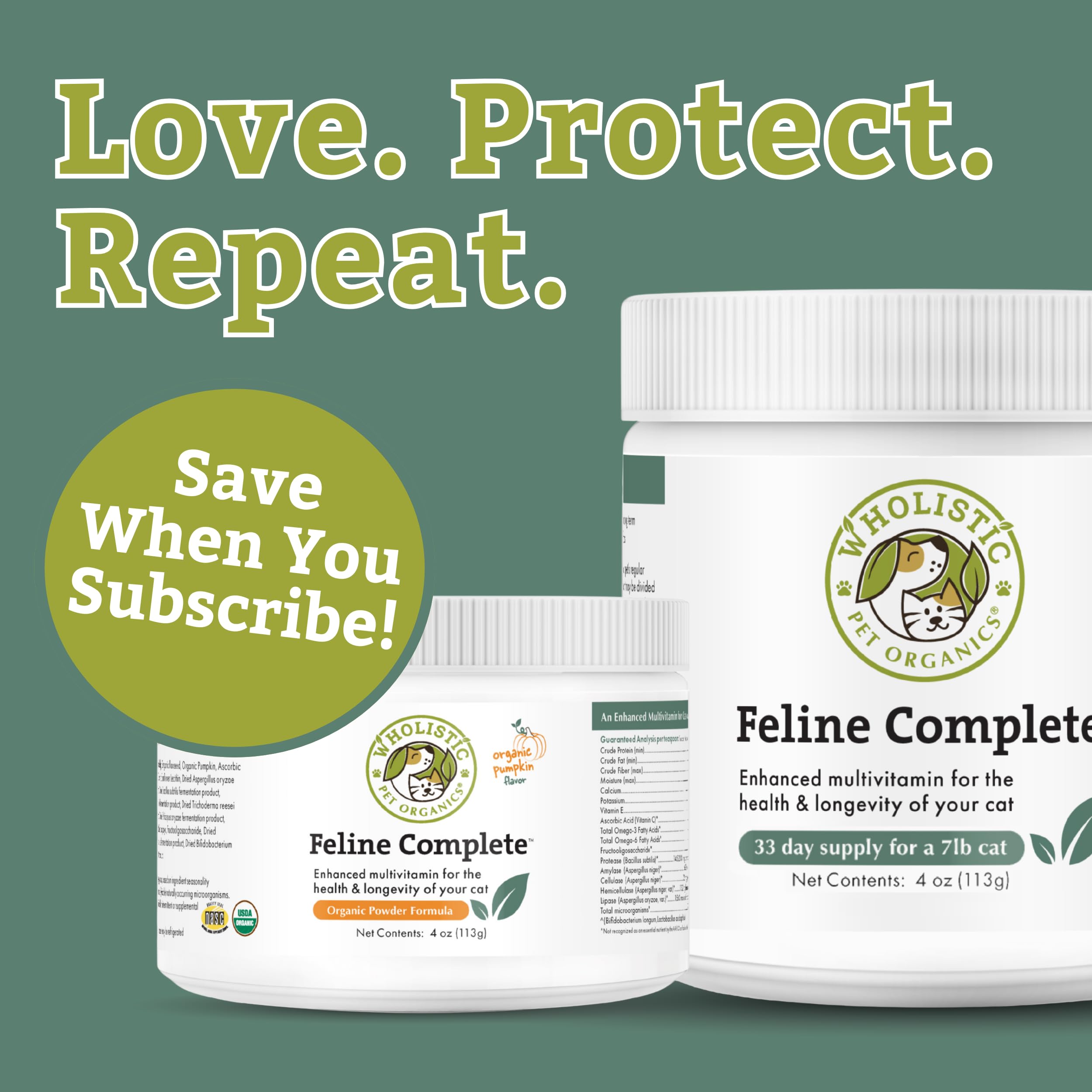 Wholistic Pet Organics Feline Complete dosing-spoon visual highlights easy daily dosing for kittens and adults.