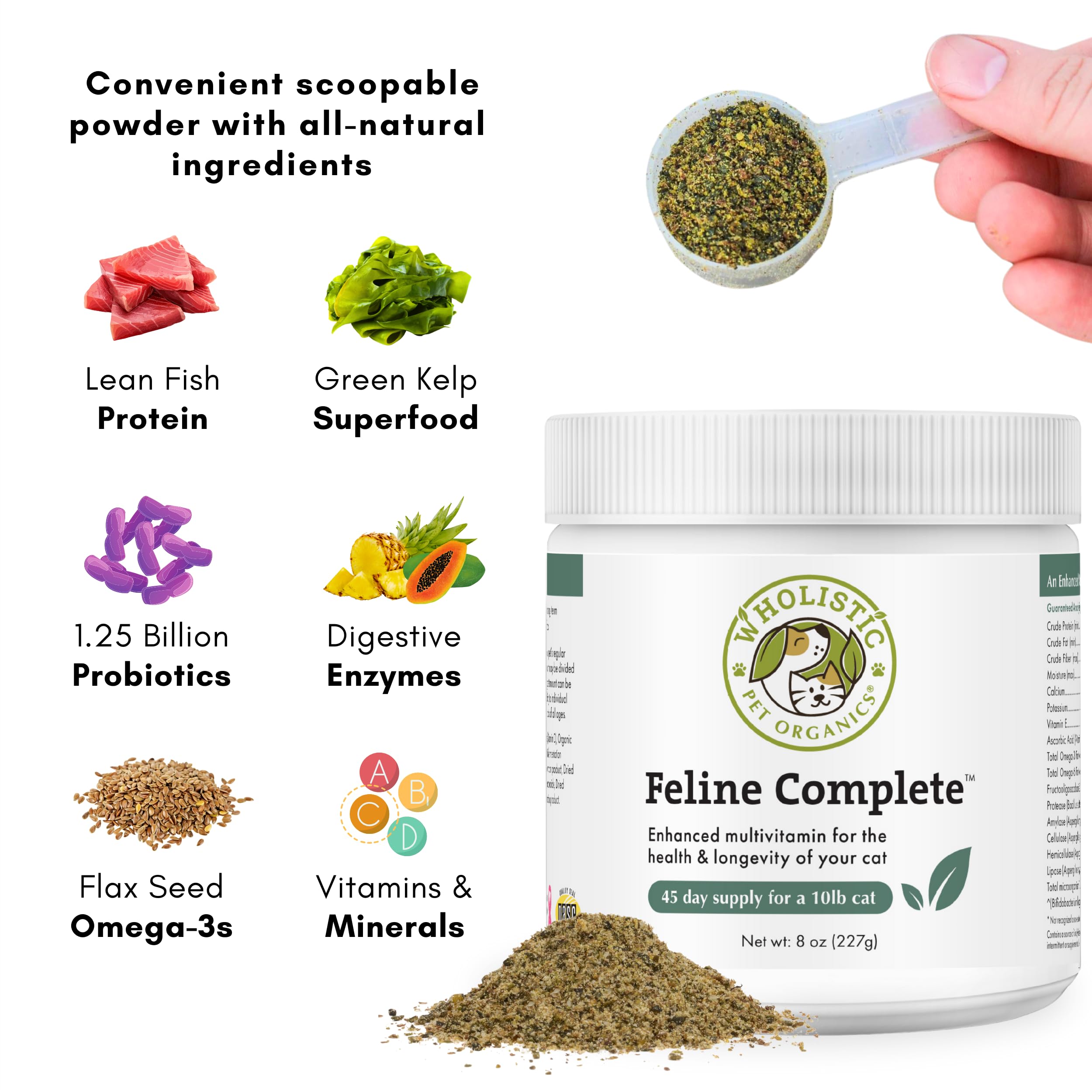 Wholistic Pet Organics Feline Complete healthy-skin-coat highlights lustrous coat and skin support.