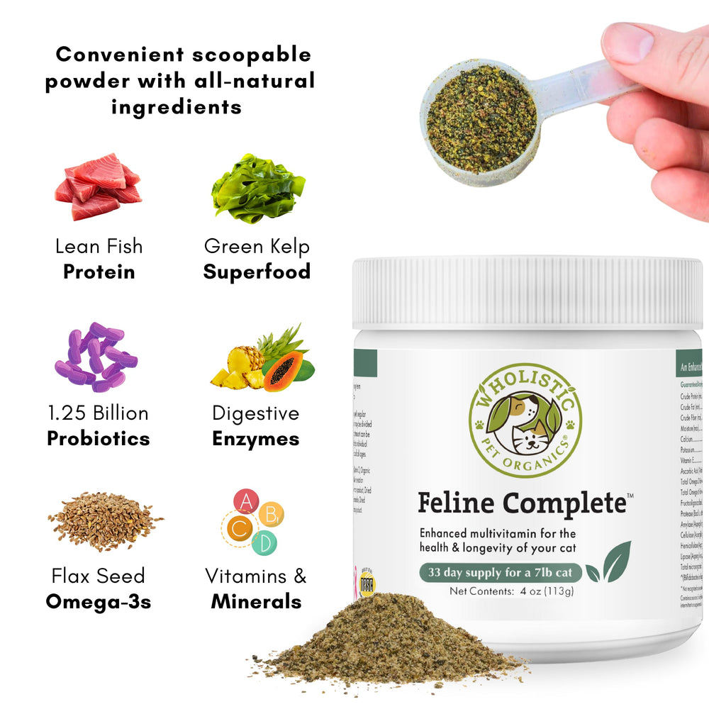 Wholistic Pet Organics Feline Complete immune-support visual, natural vitamins.
