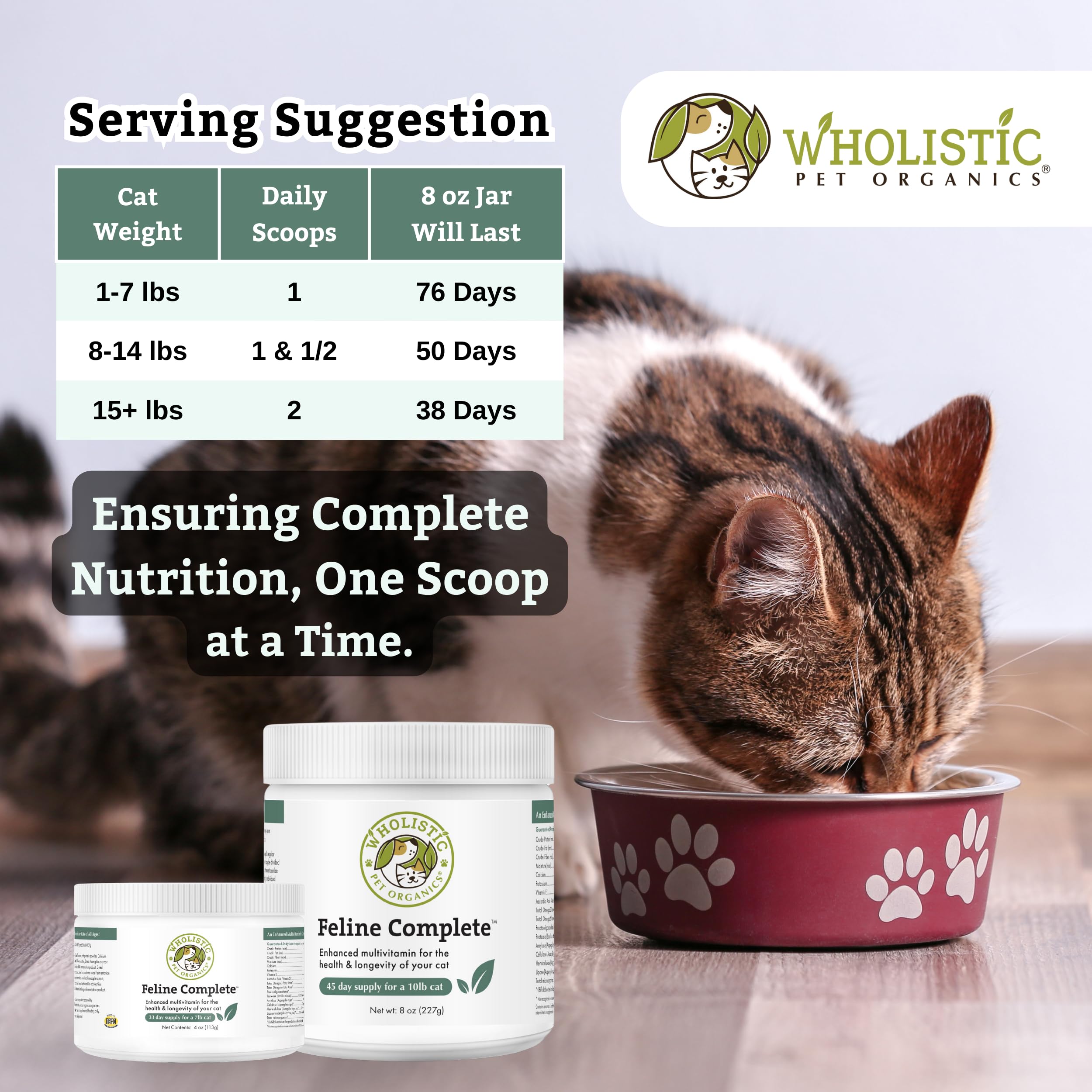 Wholistic Pet Organics Feline Complete kitten-senior-support shows versatile nutrition for all life stages.