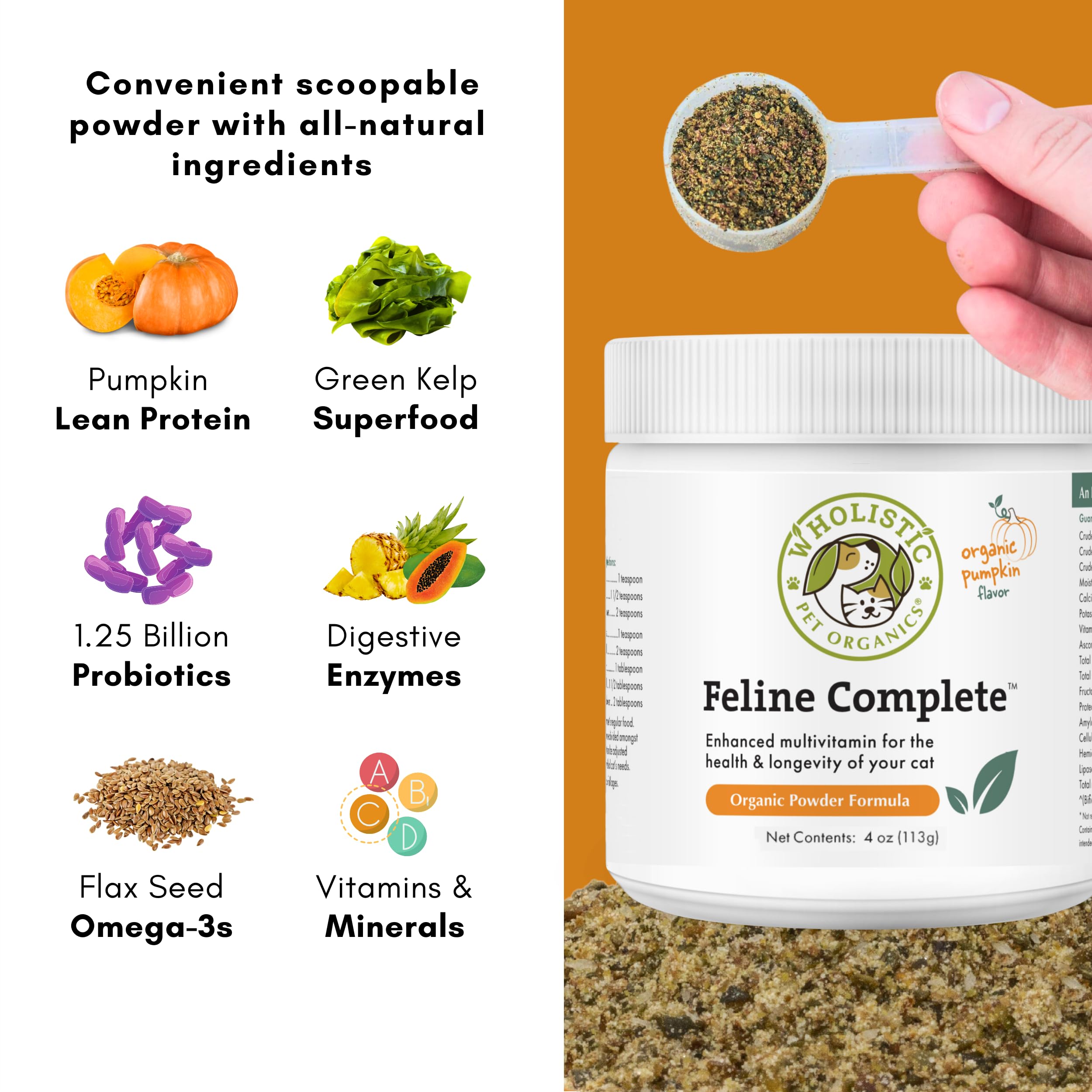 Wholistic Pet Organics Feline Complete Organic Pumpkin jar beside paws suggesting joint and immune support.