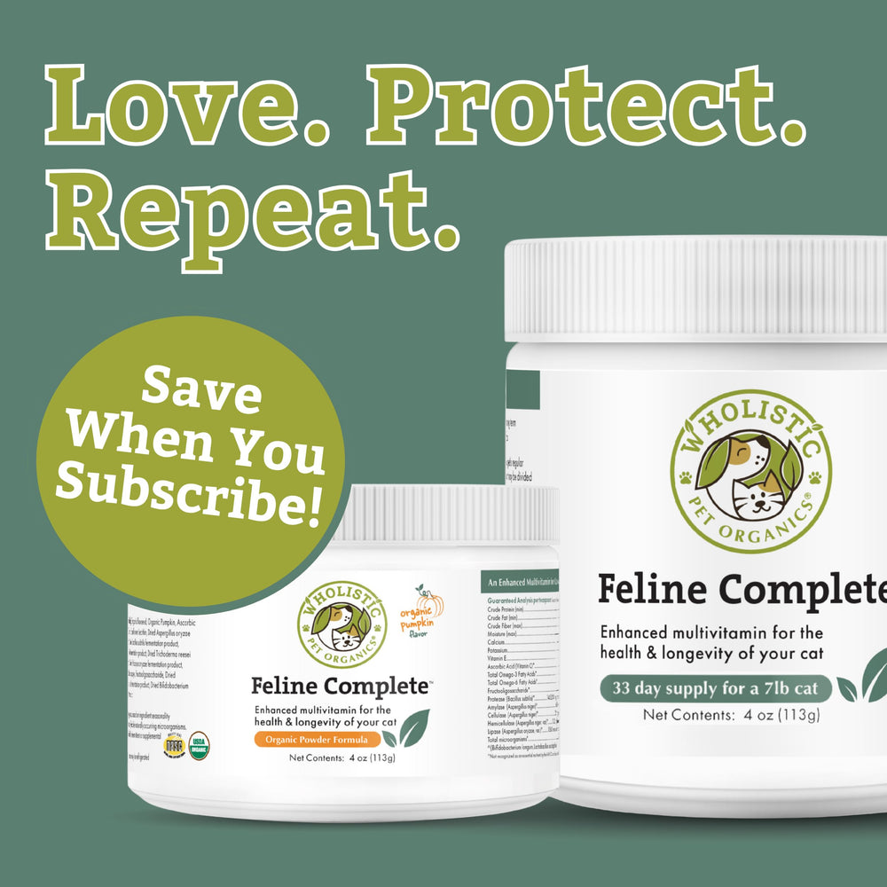 Wholistic Pet Organics Feline Complete Organic Pumpkin powder being poured for easy daily dosing.