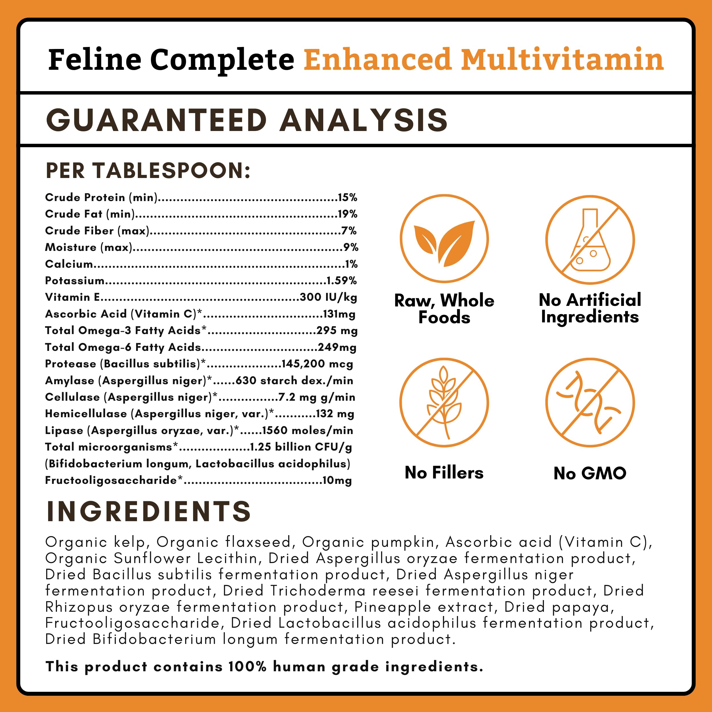 Wholistic Pet Organics Feline Complete Organic Pumpkin label on tub communicates natural vitamin blend.