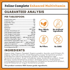 Wholistic Pet Organics Feline Complete Organic Pumpkin label on tub communicates natural vitamin blend.
