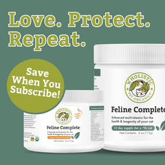 Wholistic Pet Organics Feline Complete powder texture closeup, easy digestive support.