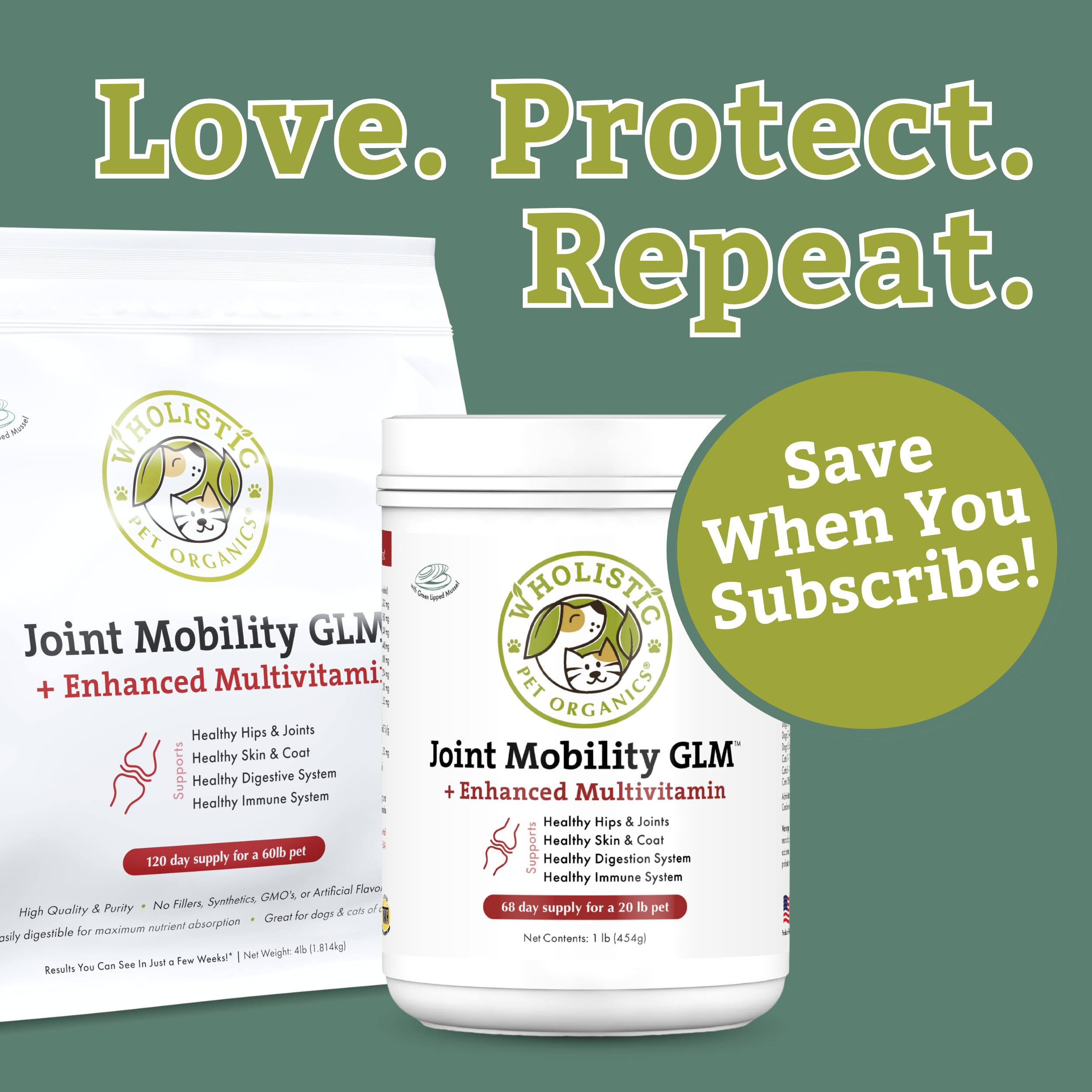 Wholistic Pet Organics green-lipped mussel powder for dogs supporting mobility.