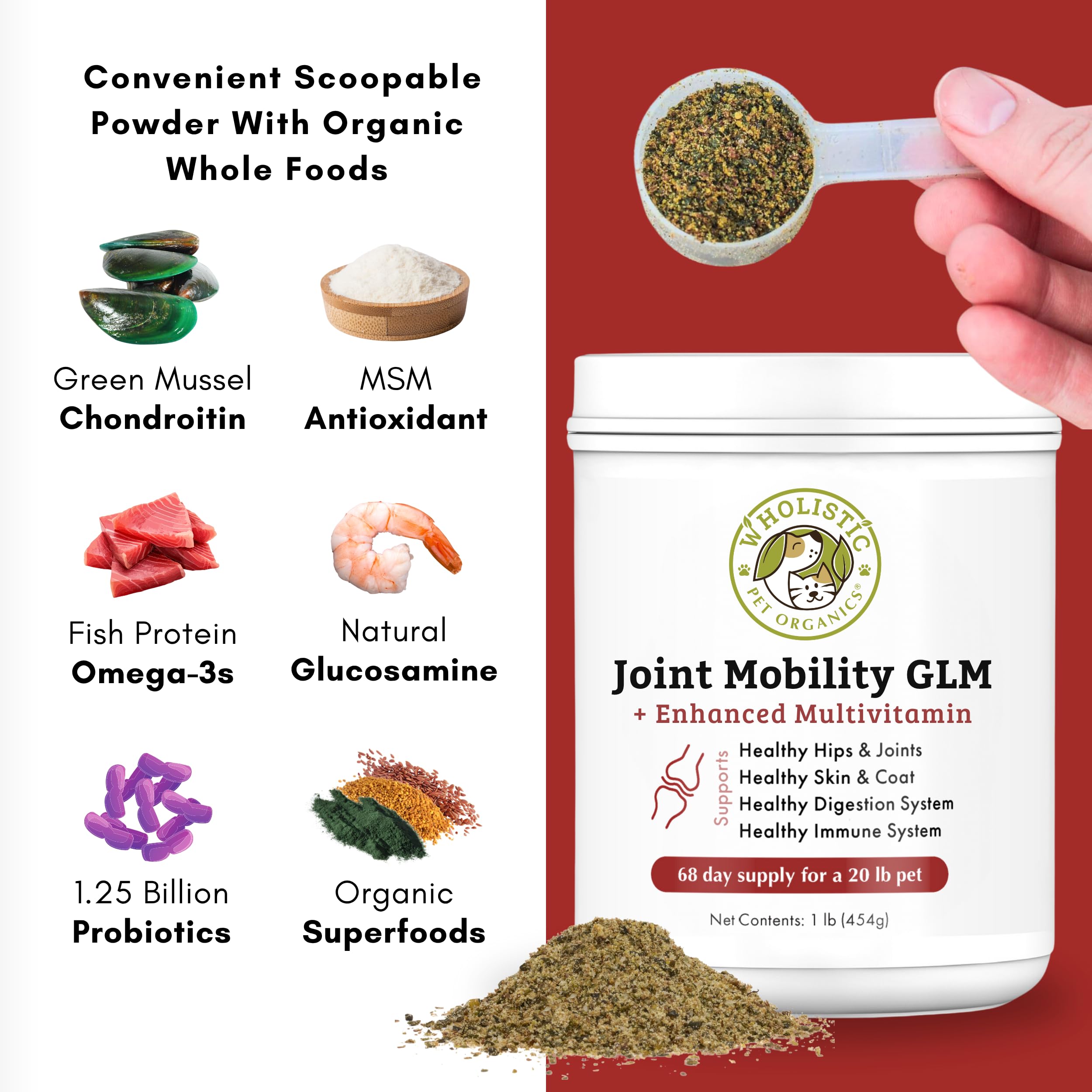 Wholistic Pet Organics Joint Mobility GLM being stirred into dog meal for mobility